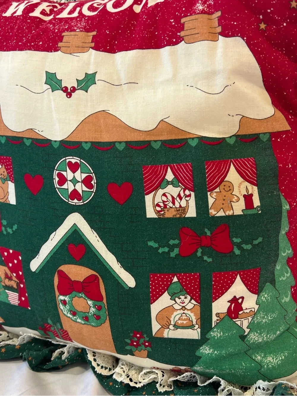 Handmade Christmas Welcome Cottage Pillow 16”